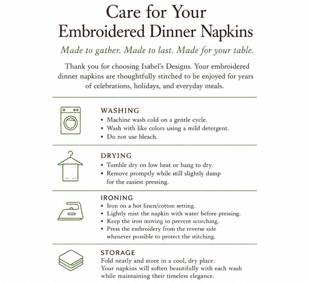 A care and maintenance guide for embroidered dinner napkins from Isabel's Designs, featuring step-by-step instructions for washing, drying, ironing, and storage on a clean white background.